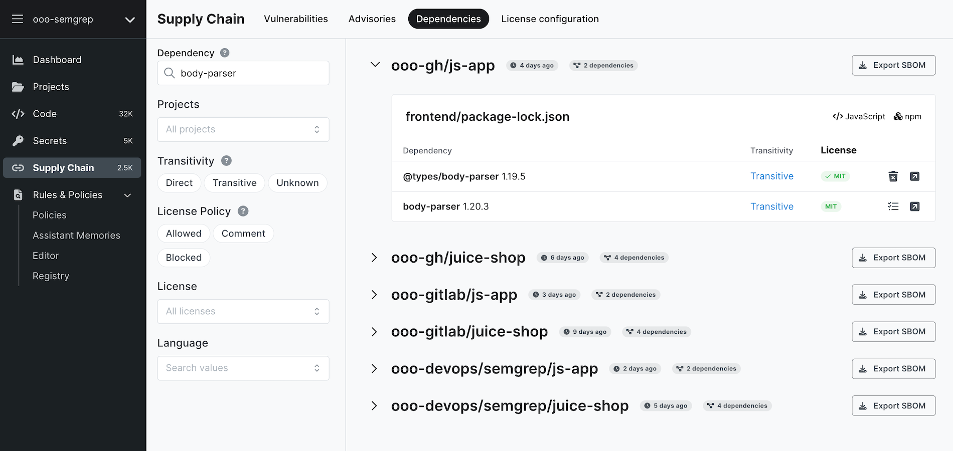 Screenshot of dependency search with query