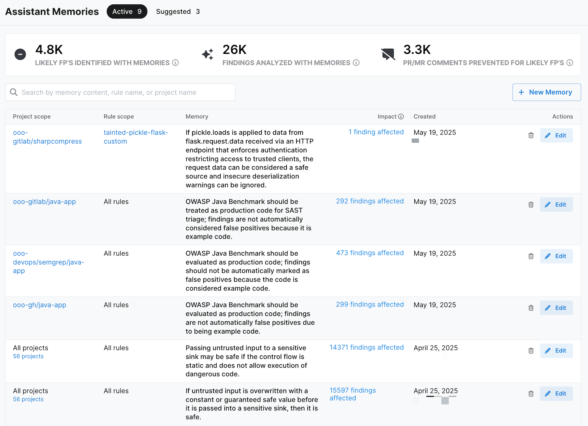 Assistant Memories overview in Semgrep AppSec Platform
