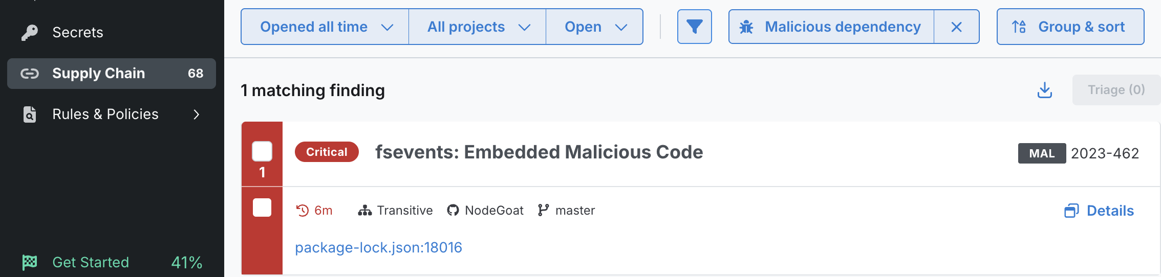 Malicious dependency finding with badge